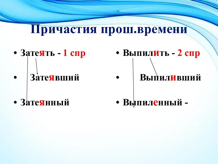 Причастия прош.времени Затеять - 1 спр Затеявший Затеянный Выпилить - 2 спр Выпиливший Выпиленный -