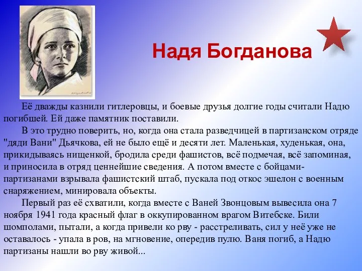 Надя Богданова Её дважды казнили гитлеровцы, и боевые друзья долгие