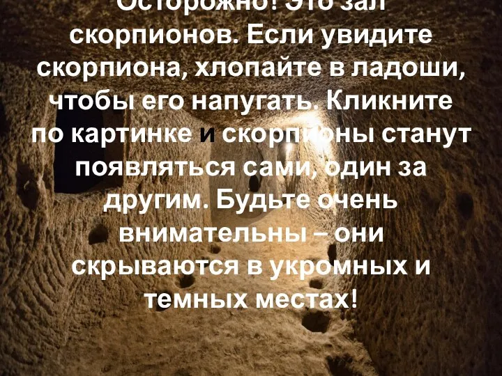 Осторожно! Это зал скорпионов. Если увидите скорпиона, хлопайте в ладоши, чтобы его напугать.