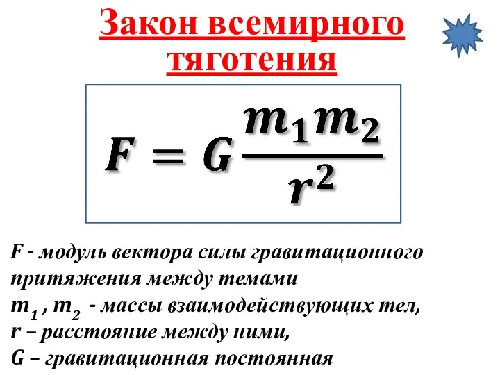 F - модуль вектора силы гравитационного притяжения между темами m1