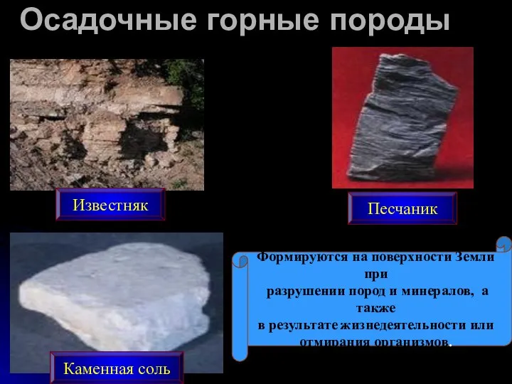 Известняк Каменная соль Песчаник Формируются на поверхности Земли при разрушении