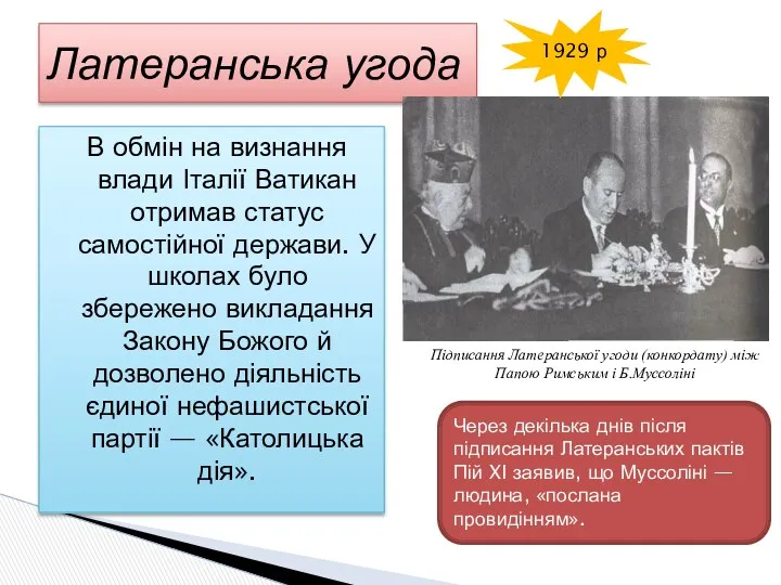 Латеранська угода В обмін на визнання влади Італії Ватикан отримав