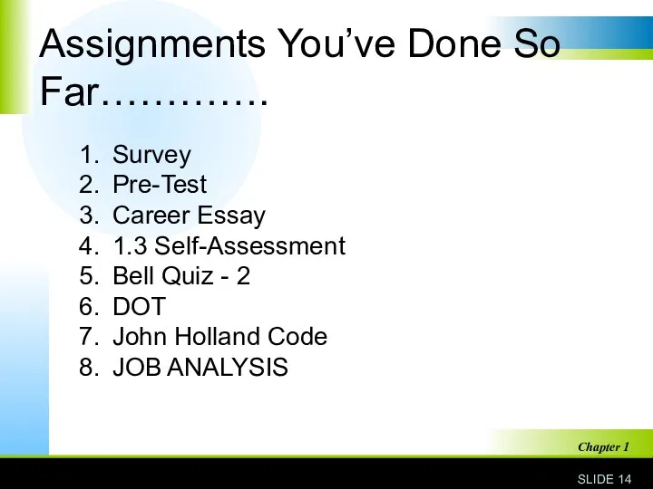 Assignments You’ve Done So Far…………. SLIDE Chapter 1 Survey Pre-Test