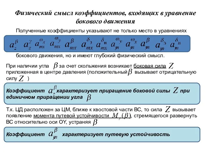 Физический смысл коэффициентов, входящих в уравнение бокового движения Полученные коэффициенты