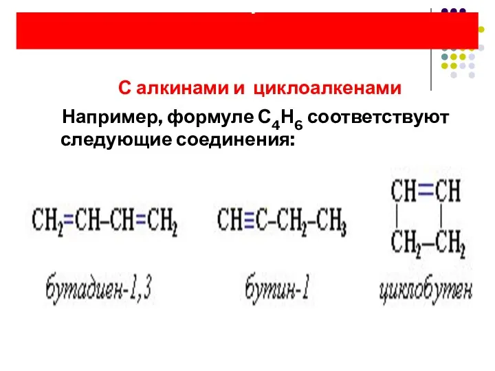 Межклассовая изомерия С алкинами и циклоалкенами Например, формуле С4Н6 соответствуют следующие соединения: