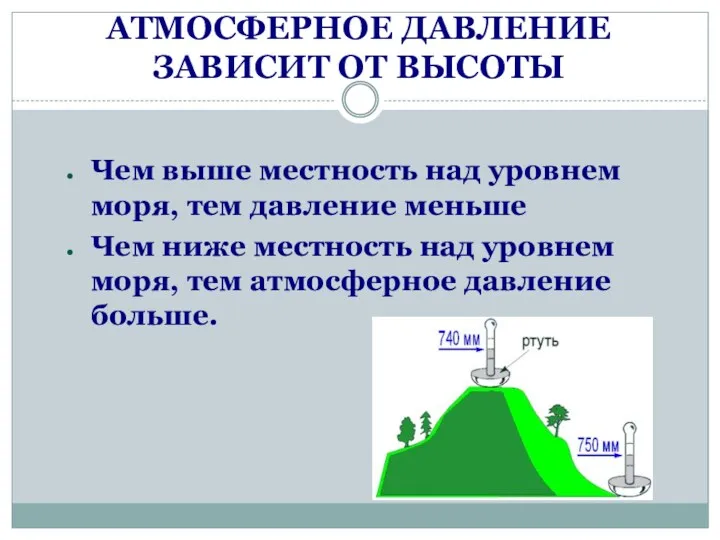 АТМОСФЕРНОЕ ДАВЛЕНИЕ ЗАВИСИТ ОТ ВЫСОТЫ Чем выше местность над уровнем