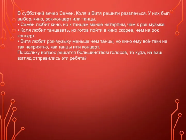 В субботний вечер Семен, Коля и Витя решили развлечься. У