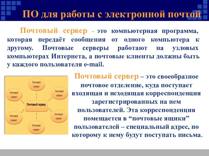 ПО для работы с электронной почтой Почтовый сервер - это