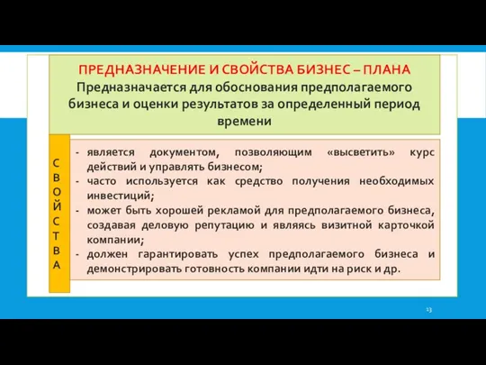 ПРЕДНАЗНАЧЕНИЕ И СВОЙСТВА БИЗНЕС – ПЛАНА Предназначается для обоснования предполагаемого