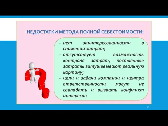 НЕДОСТАТКИ МЕТОДА ПОЛНОЙ СЕБЕСТОИМОСТИ: нет заинтересованности в снижении затрат; отсутствует