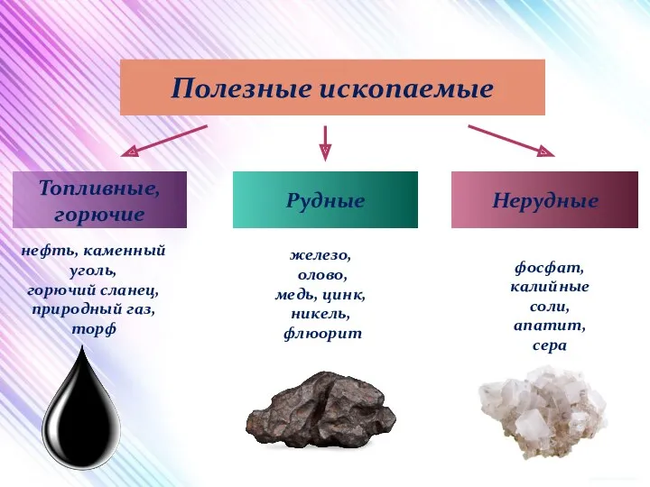 Полезные ископаемые Топливные, горючие Рудные Нерудные нефть, каменный уголь, горючий