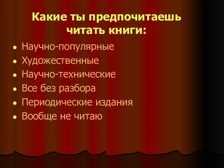 Какие ты предпочитаешь читать книги: Научно-популярные Художественные Научно-технические Все без разбора Периодические издания Вообще не читаю