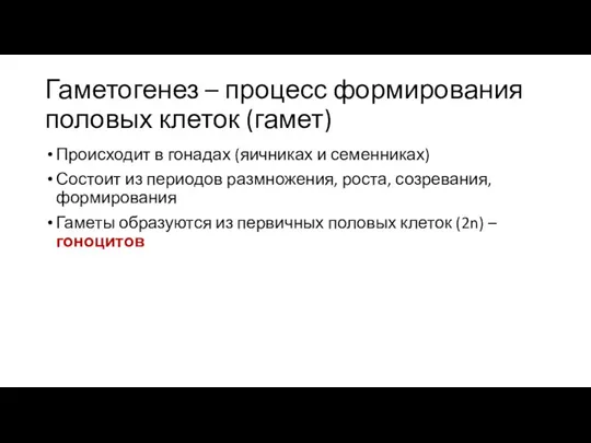 Гаметогенез – процесс формирования половых клеток (гамет) Происходит в гонадах