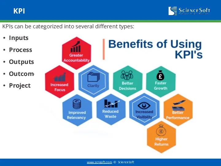 KPI KPIs can be categorized into several different types: Inputs Process Outputs Outcomes Project