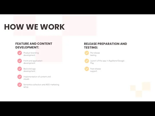 HOW WE WORK FEATURE AND CONTENT DEVELOPMENT: RELEASE PREPARATION AND TESTING: