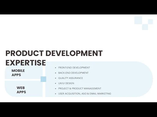 PRODUCT DEVELOPMENT EXPERTISE MOBILE APPS WEB APPS FRONT-END DEVELOPMENT BACK-END DEVELOPMENT QUALITY ASSURANCE