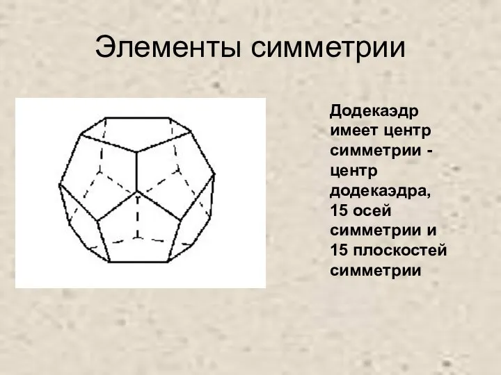 Элементы симметрии Додекаэдр имеет центр симметрии - центр додекаэдра, 15 осей симметрии и 15 плоскостей симметрии