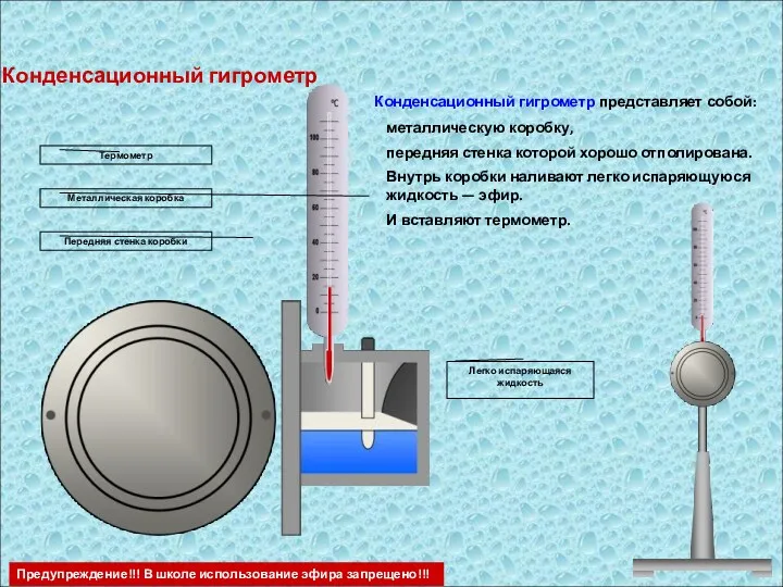 Конденсационный гигрометр представляет собой: Предупреждение!!! В школе использование эфира запрещено!!!