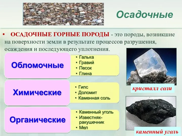 Осадочные ОСАДОЧНЫЕ ГОРНЫЕ ПОРОДЫ - это породы, возникшие на поверхности земли в результате