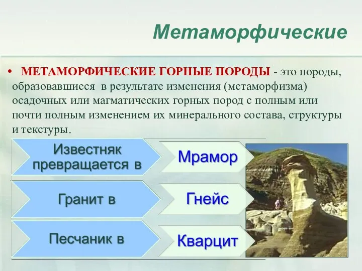 Метаморфические МЕТАМОРФИЧЕСКИЕ ГОРНЫЕ ПОРОДЫ - это породы, образовавшиеся в результате изменения (метаморфизма) осадочных