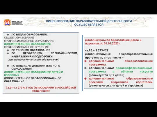 ЛИЦЕНЗИРОВАНИЕ ОБРАЗОВАТЕЛЬНОЙ ДЕЯТЕЛЬНОСТИ ОСУЩЕСТВЛЯЕТСЯ ПО ВИДАМ ОБРАЗОВАНИЯ: ОБЩЕЕ ОБРАЗОВАНИЕ ПРОФЕССИОНАЛЬНОЕ