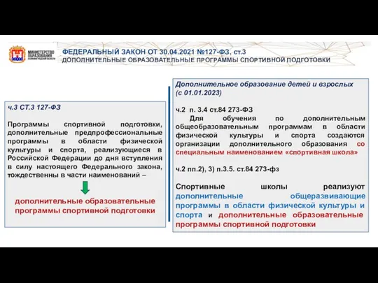 ФЕДЕРАЛЬНЫЙ ЗАКОН ОТ 30.04.2021 №127-ФЗ, ст.3 ДОПОЛНИТЕЛЬНЫЕ ОБРАЗОВАТЕЛЬНЫЕ ПРОГРАММЫ СПОРТИВНОЙ