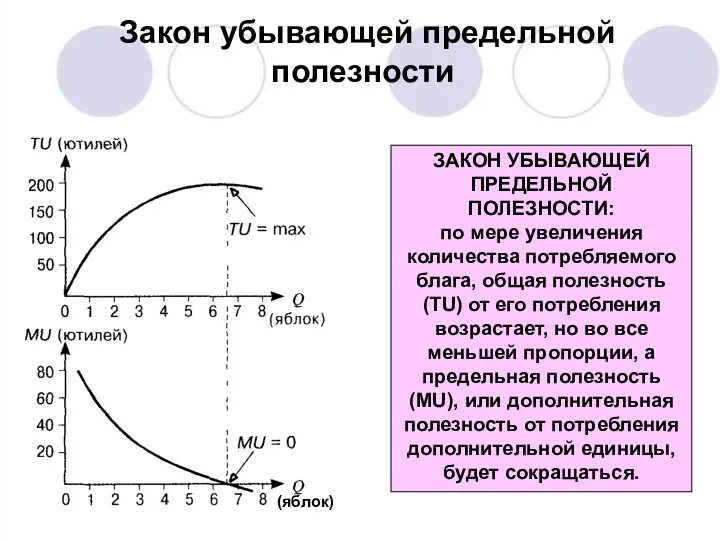 Закон убывающей предельной полезности ЗАКОН УБЫВАЮЩЕЙ ПРЕДЕЛЬНОЙ ПОЛЕЗНОСТИ: по мере