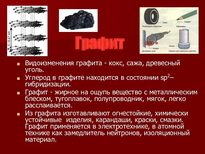 Видоизменения графита - кокс, сажа, древесный уголь. Углерод в графите