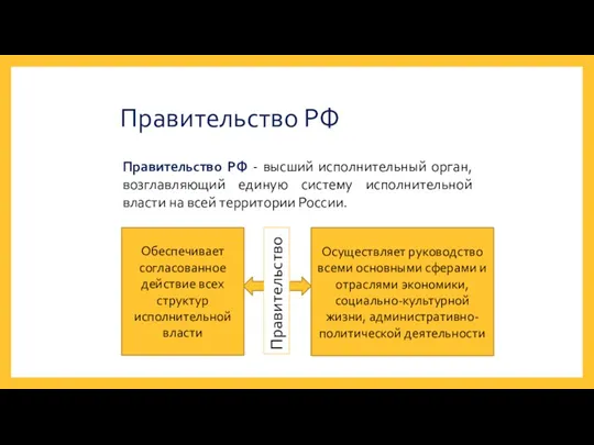 Правительство РФ Правительство РФ - высший исполнительный орган, возглавляющий единую