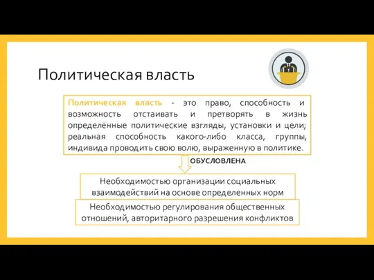 Политическая власть Политическая власть - это право, способность и возможность