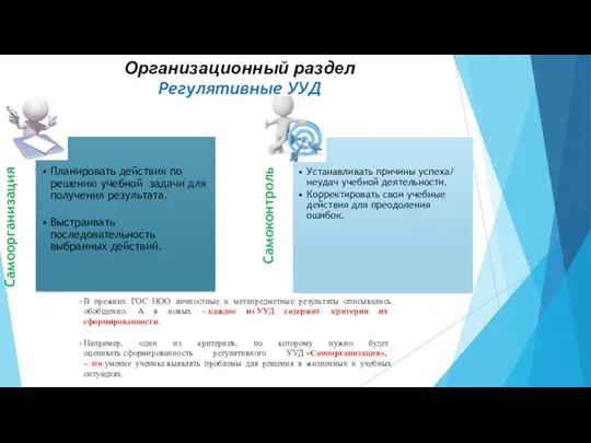 Организационный раздел Регулятивные УУД В прежних ГОС НОО личностные и