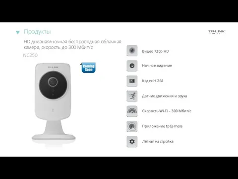 Видео 720p HD NC250 Продукты Ночное видение Кодек H.264 Приложение tpCamera Датчик движения