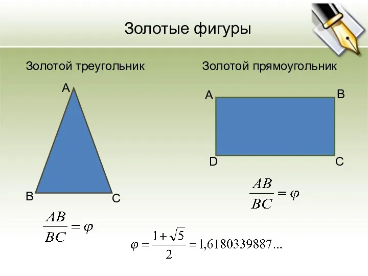 Золотые фигуры Золотой треугольник Золотой прямоугольник А В С А В С D