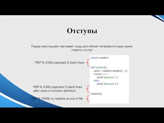 Отступы Перед некоторыми «ветками» кода для лёгкой читаемости кода нужно