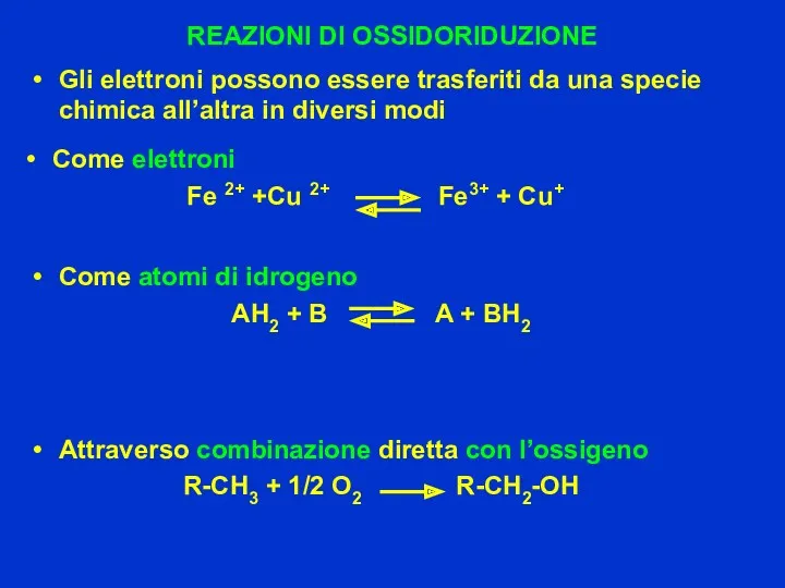 Gli elettroni possono essere trasferiti da una specie chimica all’altra in diversi modi REAZIONI DI OSSIDORIDUZIONE