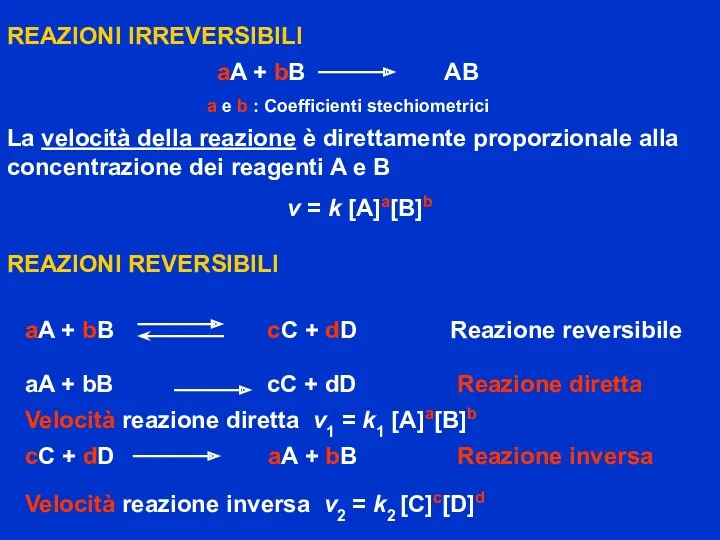 REAZIONI IRREVERSIBILI REAZIONI REVERSIBILI Velocità reazione diretta v1 = k1