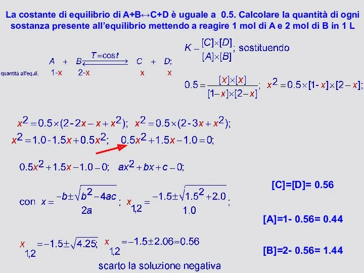 La costante di equilibrio di A+B↔C+D è uguale a 0.5.