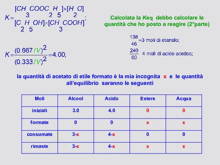 Calcolata la Keq debbo calcolare le quantità che ho posto