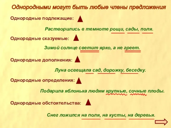 Однородные подлежащие: Однородные дополнения: Однородные определения: Однородные сказуемые: Однородные обстоятельства: