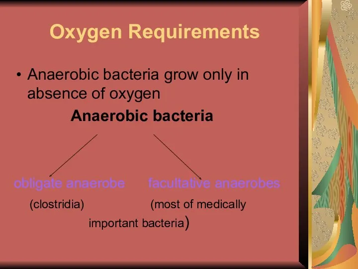 Oxygen Requirements Anaerobic bacteria grow only in absence of oxygen