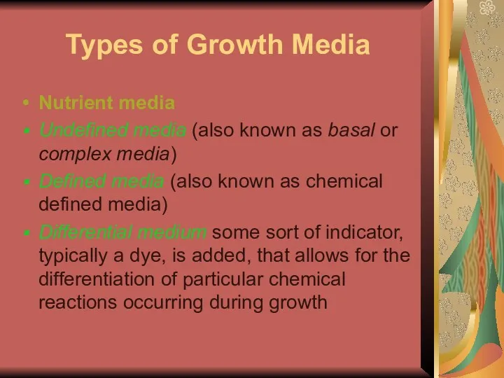 Types of Growth Media Nutrient media Undefined media (also known