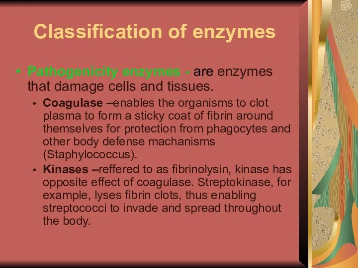 Classification of enzymes Pathogenicity enzymes - are enzymes that damage