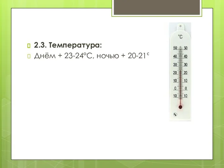 2.3. Температура: Днём + 23-24°С, ночью + 20-21°С