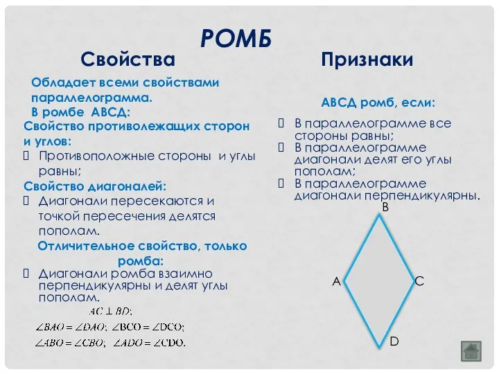 РОМБ Свойства Признаки Свойство противолежащих сторон и углов: Противоположные стороны