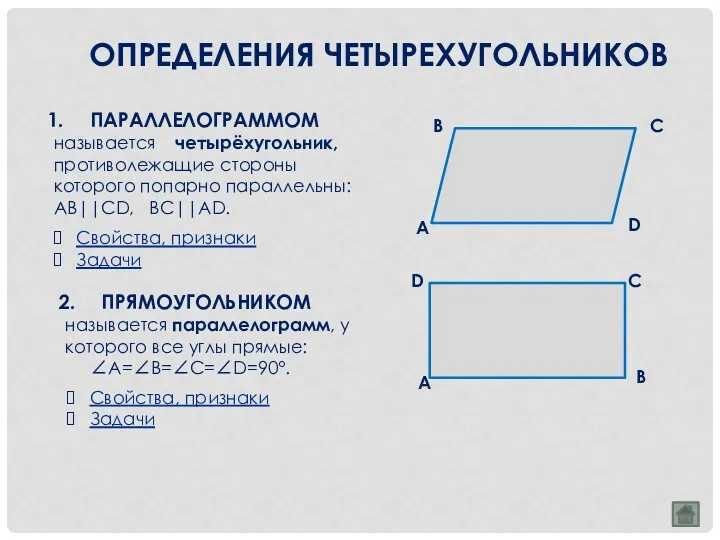 ОПРЕДЕЛЕНИЯ ЧЕТЫРЕХУГОЛЬНИКОВ ПАРАЛЛЕЛОГРАММОМ называется четырёхугольник, противолежащие стороны которого попарно параллельны: AB||CD, BC||AD. ПРЯМОУГОЛЬНИКОМ