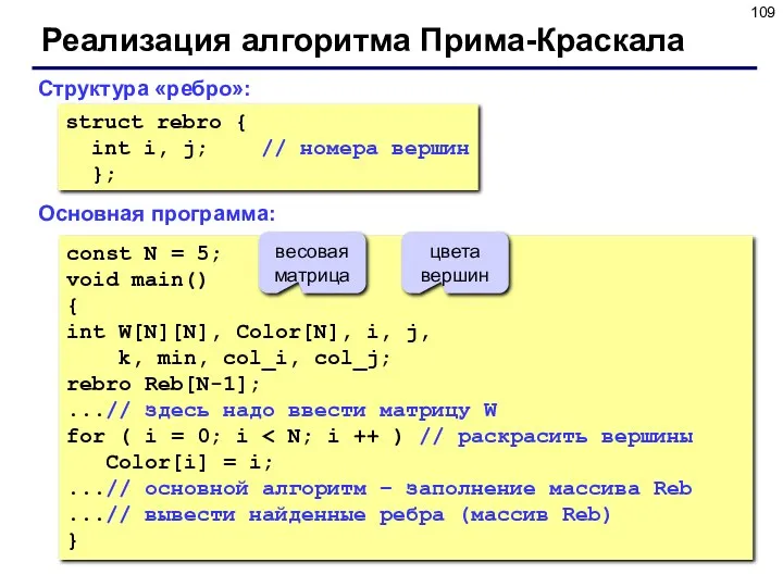 Реализация алгоритма Прима-Краскала Структура «ребро»: struct rebro { int i,