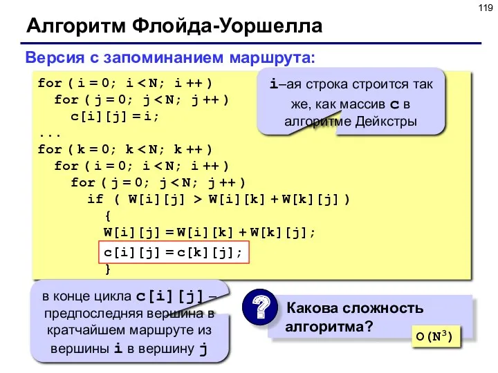 Алгоритм Флойда-Уоршелла Версия с запоминанием маршрута: for ( i =