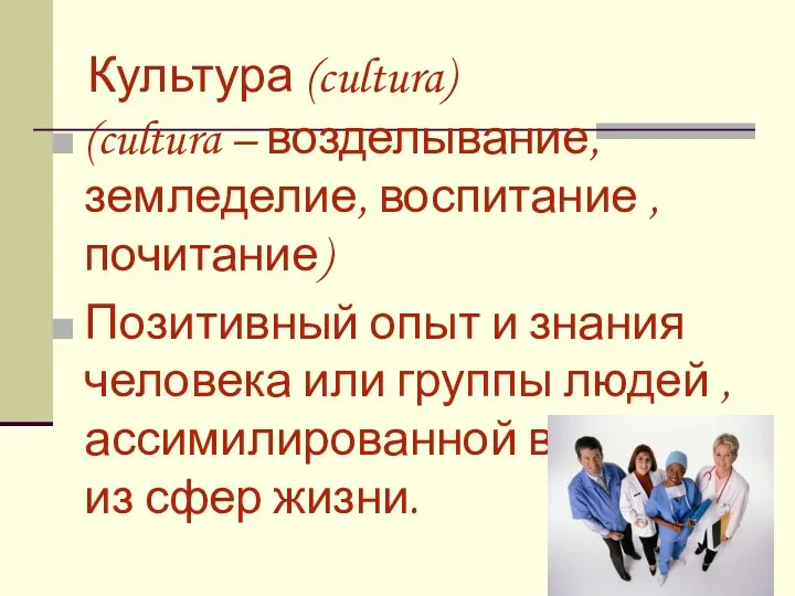 Культура (cultura) (cultura – возделывание, земледелие, воспитание , почитание) Позитивный