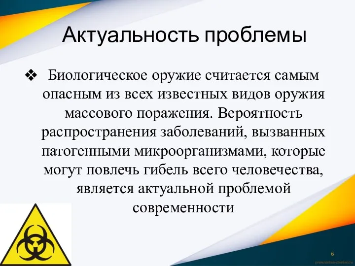 Актуальность проблемы Биологическое оружие считается самым опасным из всех известных