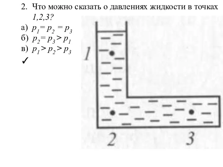 2. Что можно сказать о давлениях жидкости в точках 1,2,3?